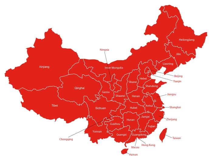 Map of China showing all provinces and regions